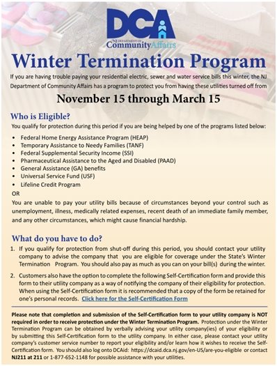 flyer with information on nj winter termination program