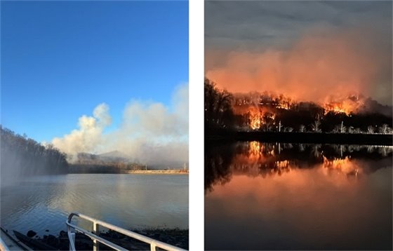 two photos one of a reservoir by day with smoke in background and another at night showing fire