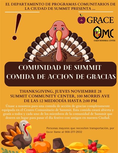 orange and brown flyer with information in Spanish on Summit's community Thanksgiving meal