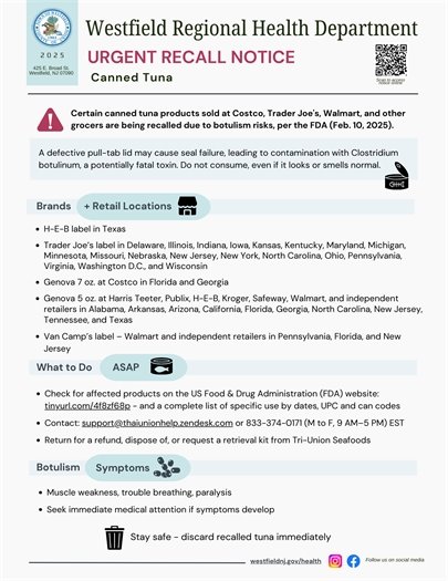 informational flyer with details about canned tuna recall