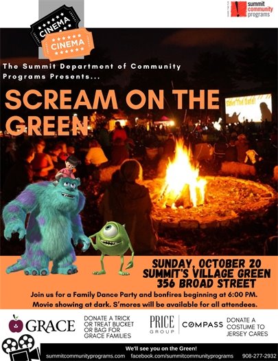 black, orange, and white flyer with information on scream on the green event