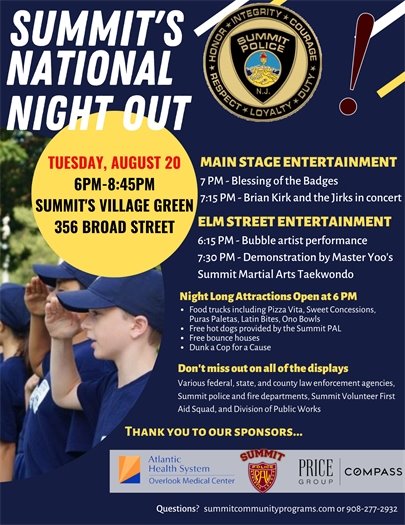 navy and yellow flyer with information on Summit NJ's 2024 National Night Out