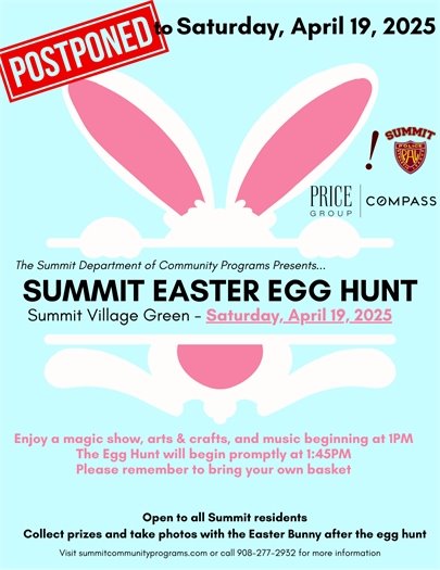 blue and pink flyer with information on easter egg hunt