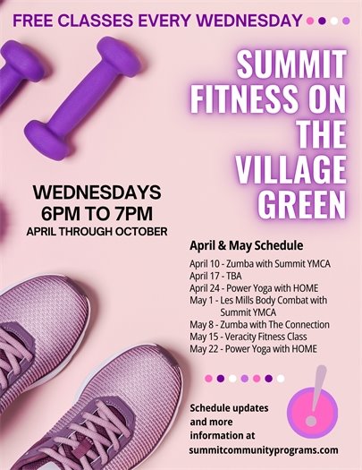 Purple and pink event flyer for Village Green fitness classes