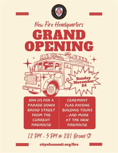 cream and red colored flyer with information on grand opening event at new firehouse
