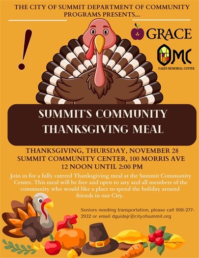 orange and brown flyer with information in English on Summit's community Thanksgiving meal