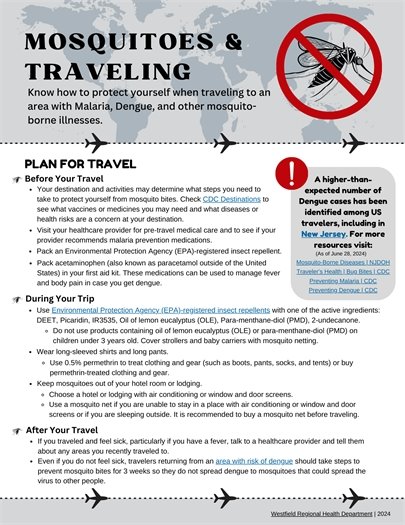 gray and white flyer with information on mosquitoes and traveling
