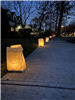 lit luminaries on a sidewalk on a residential street with houses in the background