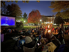 image of group of people gathered on the Village Green at night for a movie
