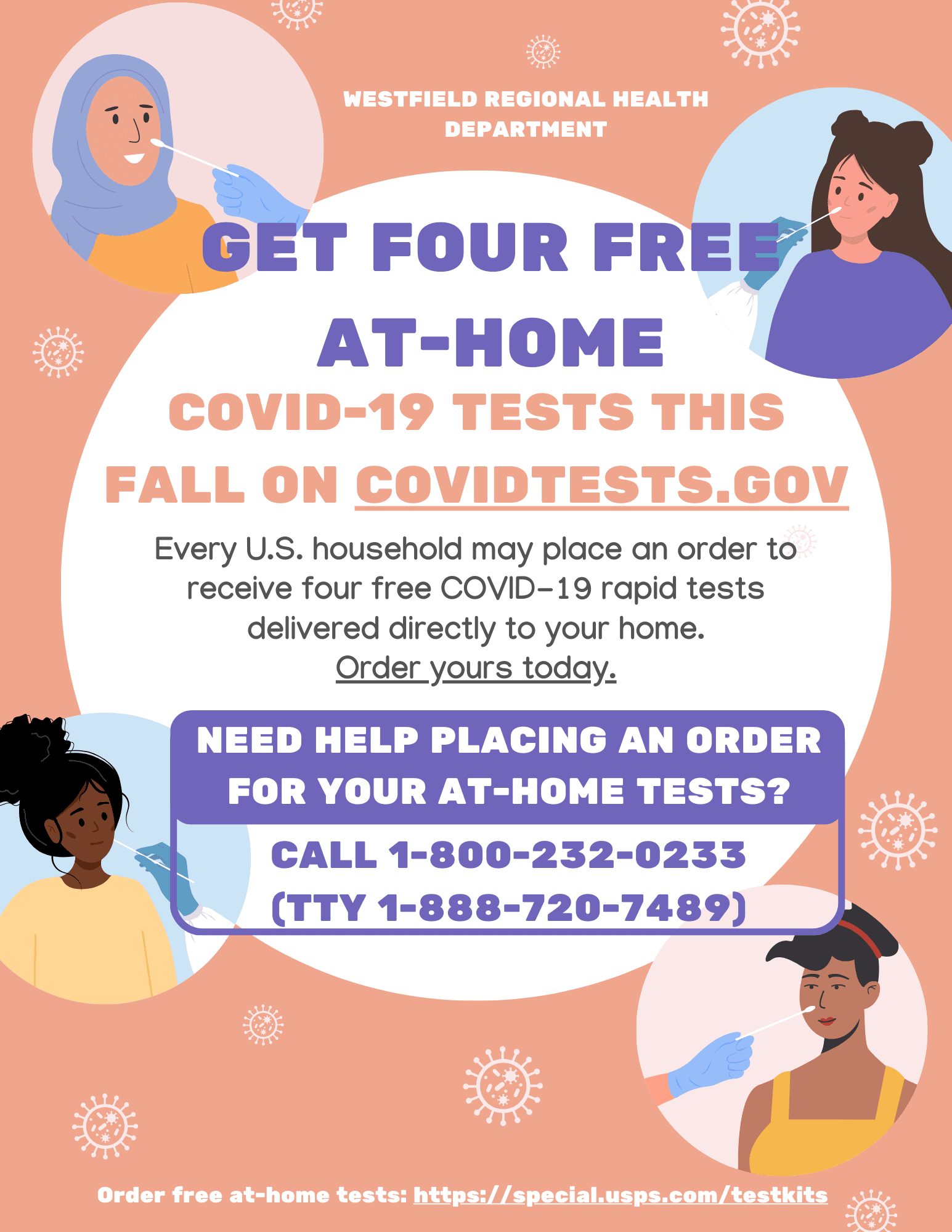 flyer with information on free covid-19 test kits from the westfield health department