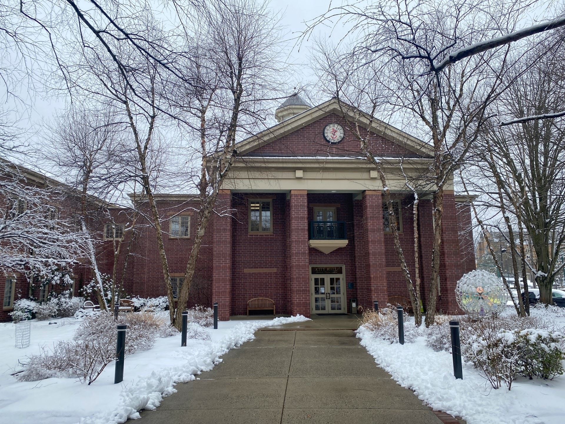 city hall courtyard covered in snow