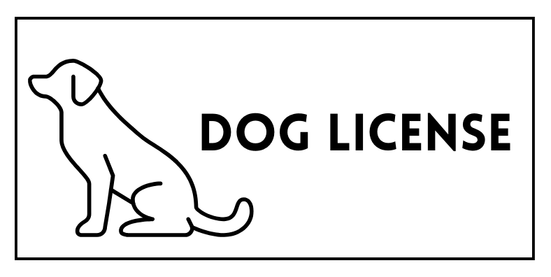 black and white dog license graphic with dog outline