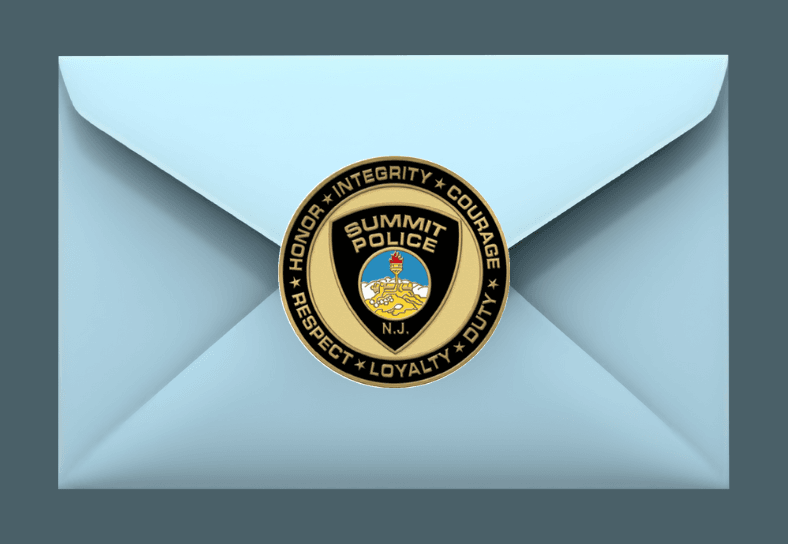 Blue envelope with Summit Police seal in center
