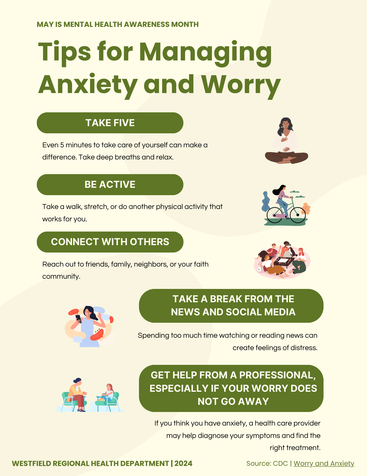 beige and green flyer with information on Worry and Anxiety Tips