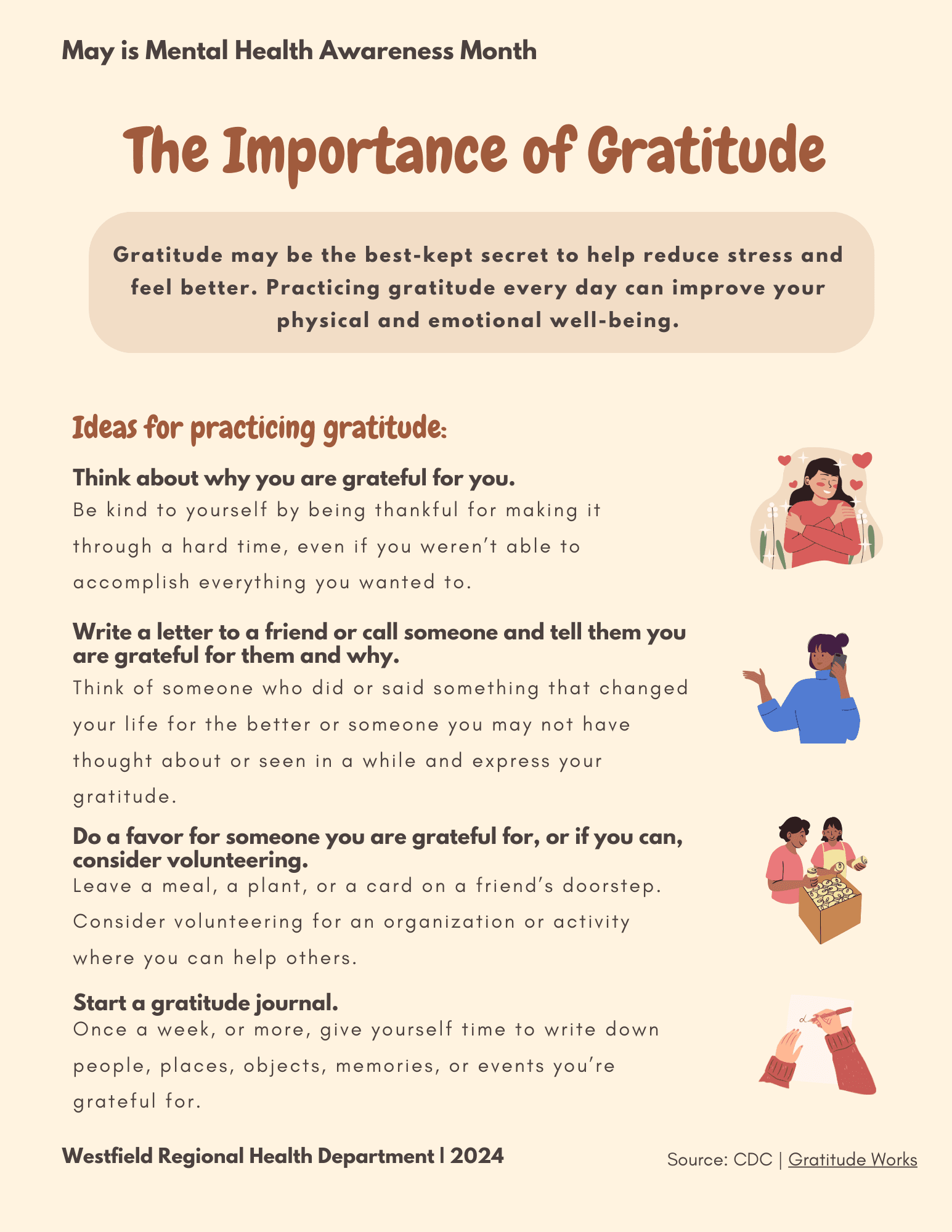 Beige flyer with info on practicing gratitude