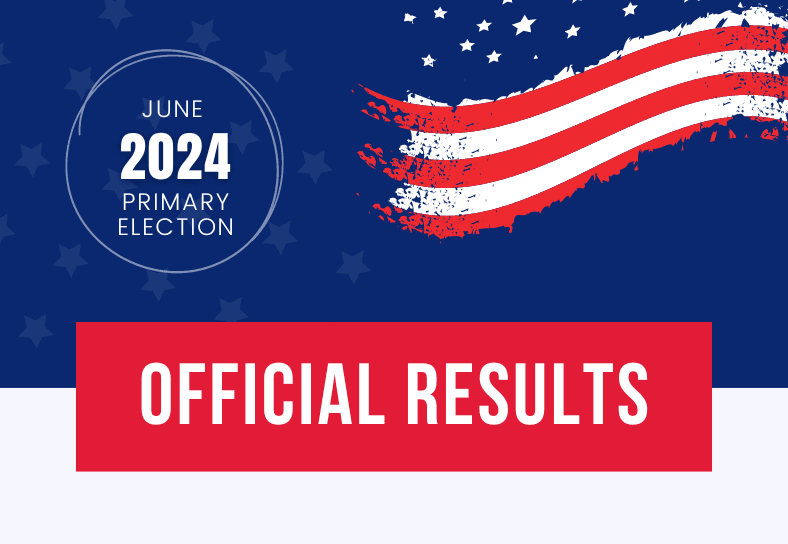 red white and blue graphic that reads official results