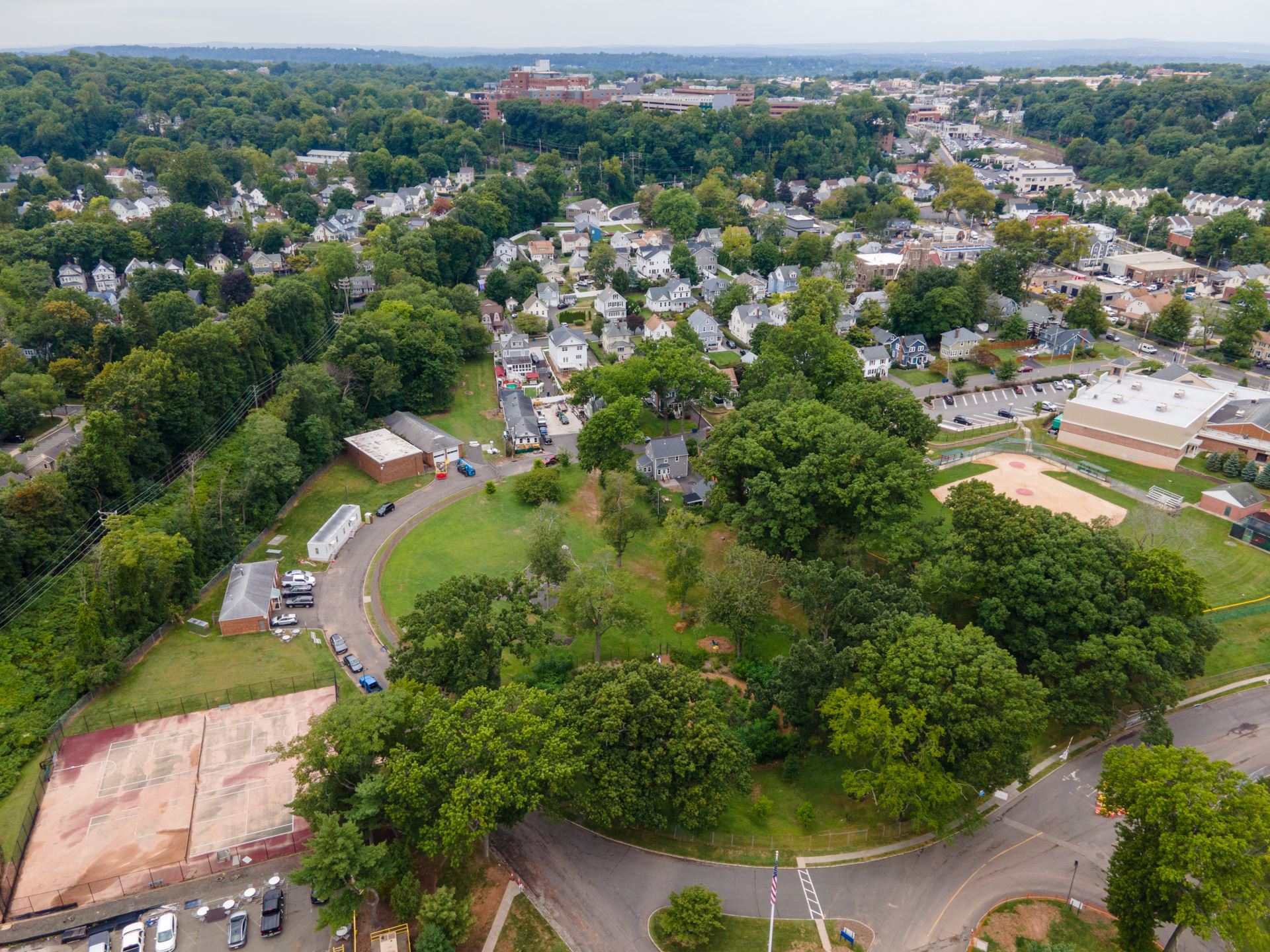 aerial photo of tiny forest with city surrounding it