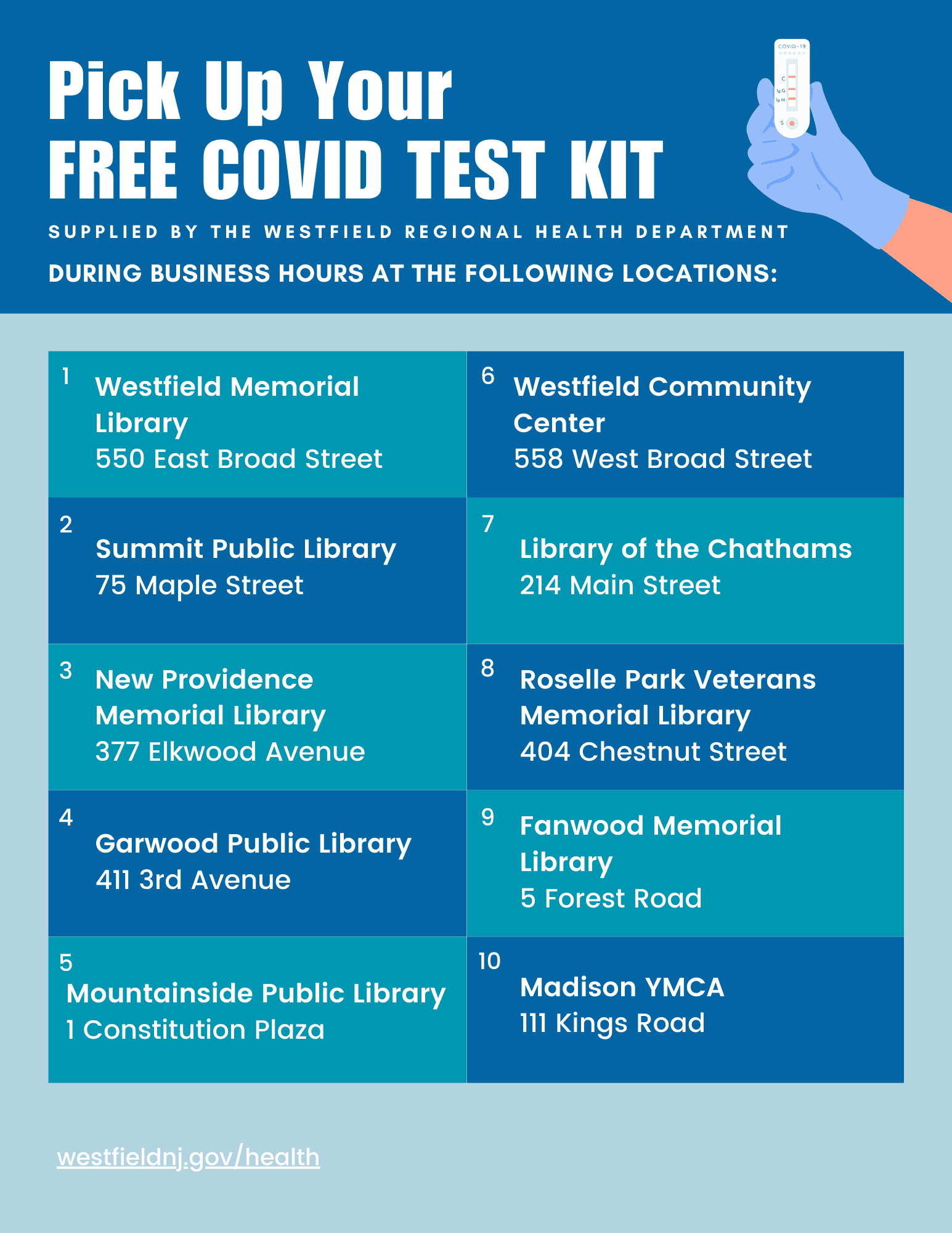 blue flyer with information on COVID test kit pickup locations