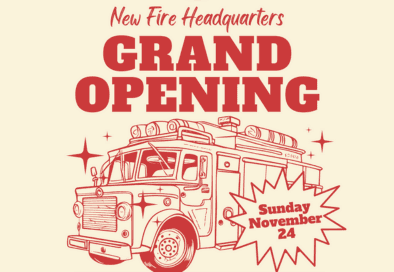 cream and red colored graphic for new firehouse grand opening