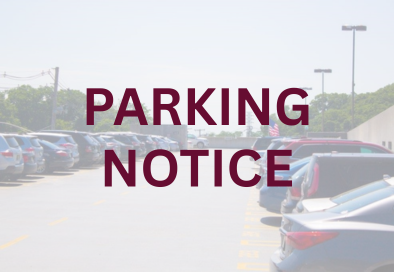 parking graphic with text that reads parking notice in maroon in front of photo of parking lot