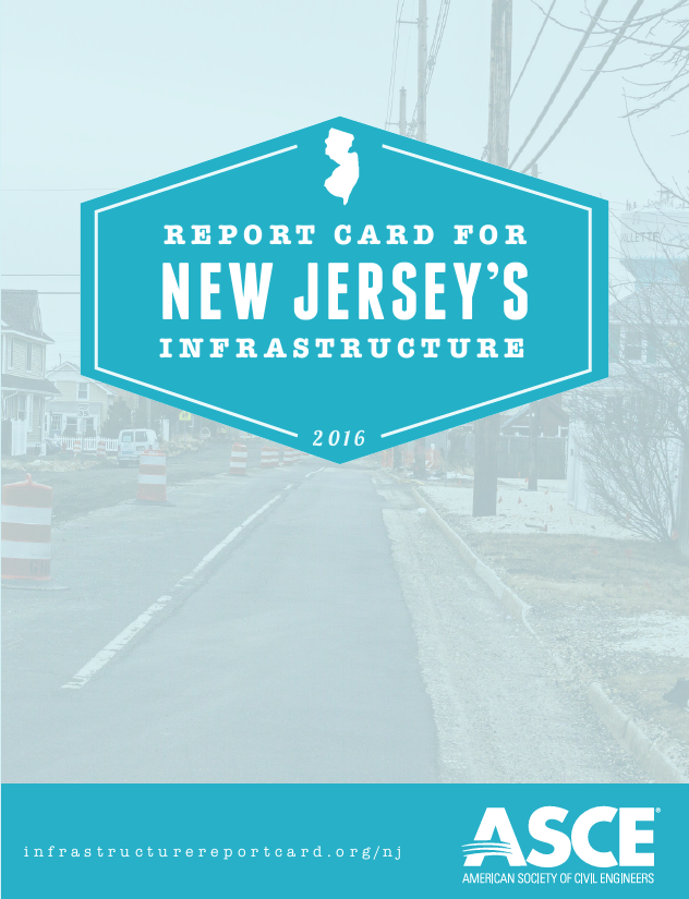 Report Card for New Jersey's Infrastructure 2016 from ASCE with blue lettering