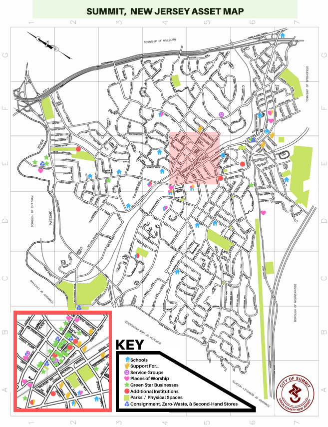 Community Asset Map with logos of specific institutions overlaid on Summit, NJ map