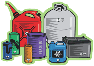 Graphic of hazardous waste including gas, propane, and anti-freeze in cans