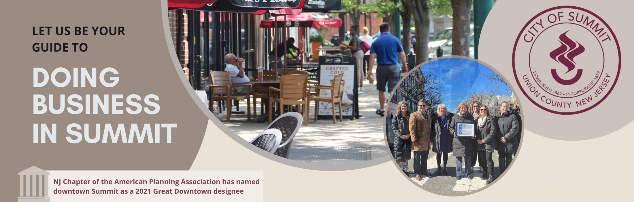 graphic with text and image of downtown summit and city of summit seal