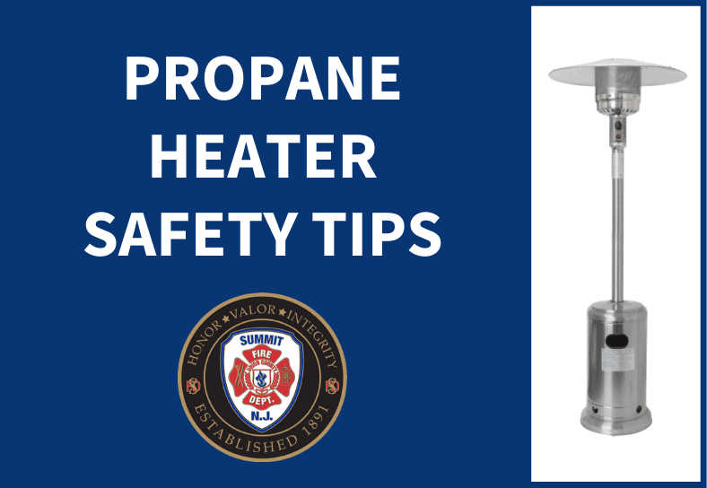 blue and white graphic with the words propane heater safety tips and an image of a propane heater