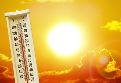 graphic for extreme heat, a photo of the sky with an orange/red tint and image of thermometer