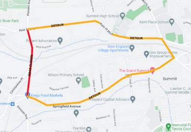 screenshot of google maps showing detour and road closure