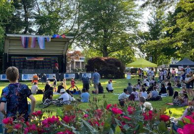 image of people gathered on the village green looking at a performer on a stage