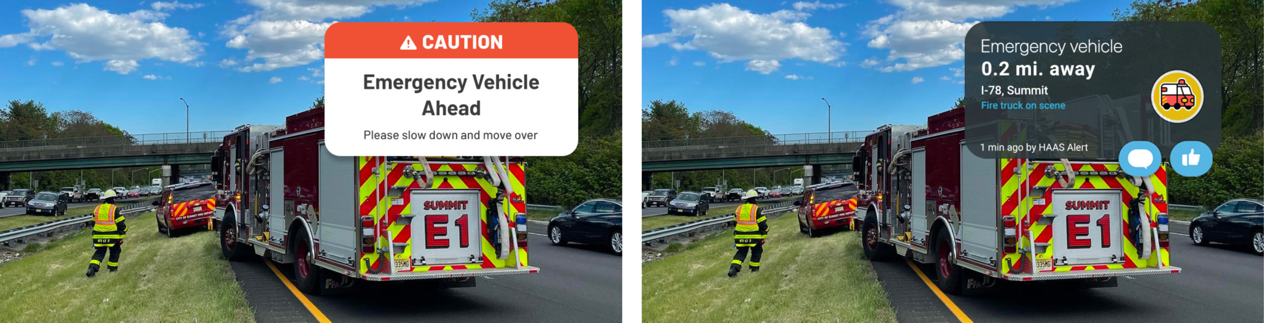 double graphic of firetruck on highway with mobile phone notification of emergency vehicle ahead