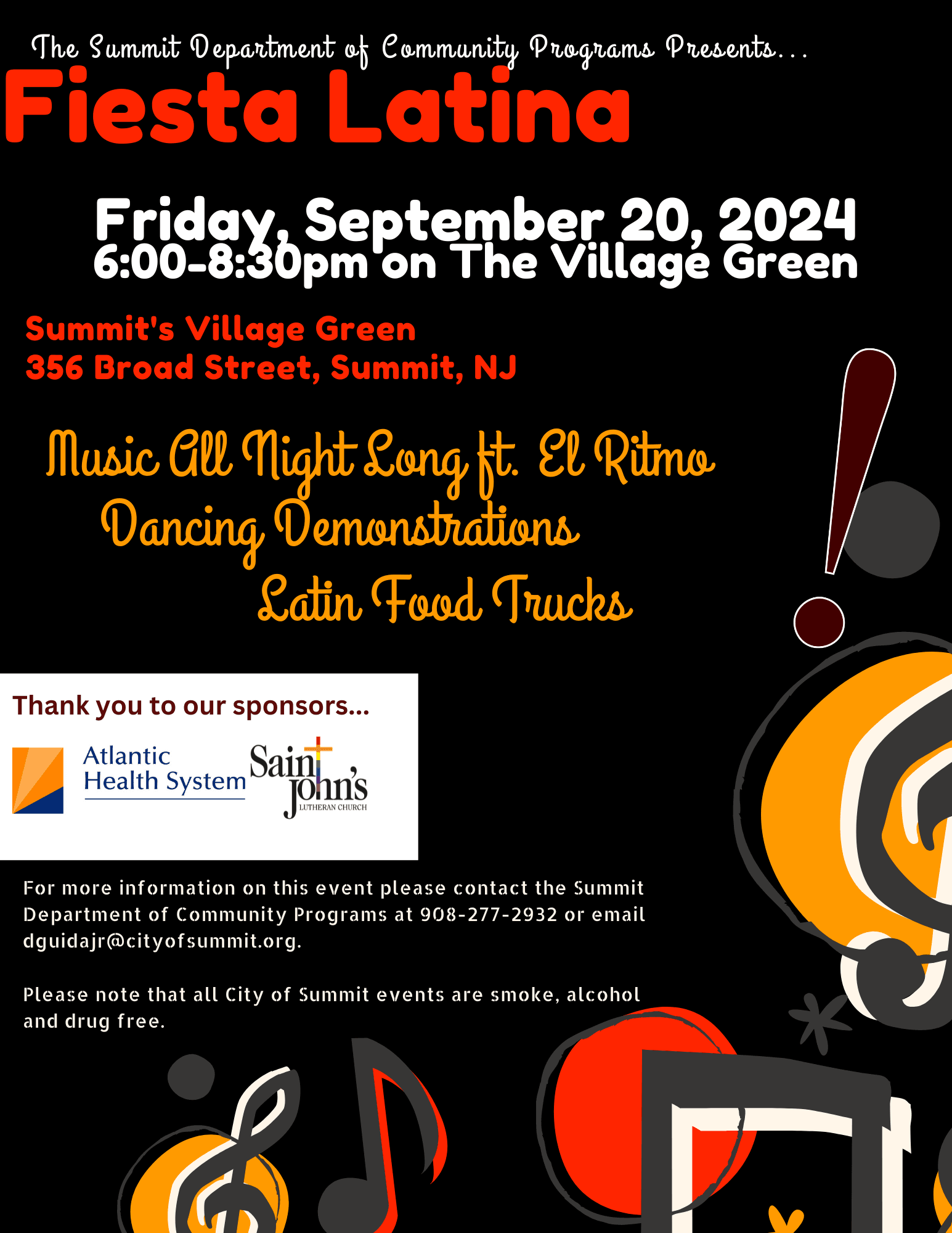 black, red, and orange flyer with information on Fiesta Latina event