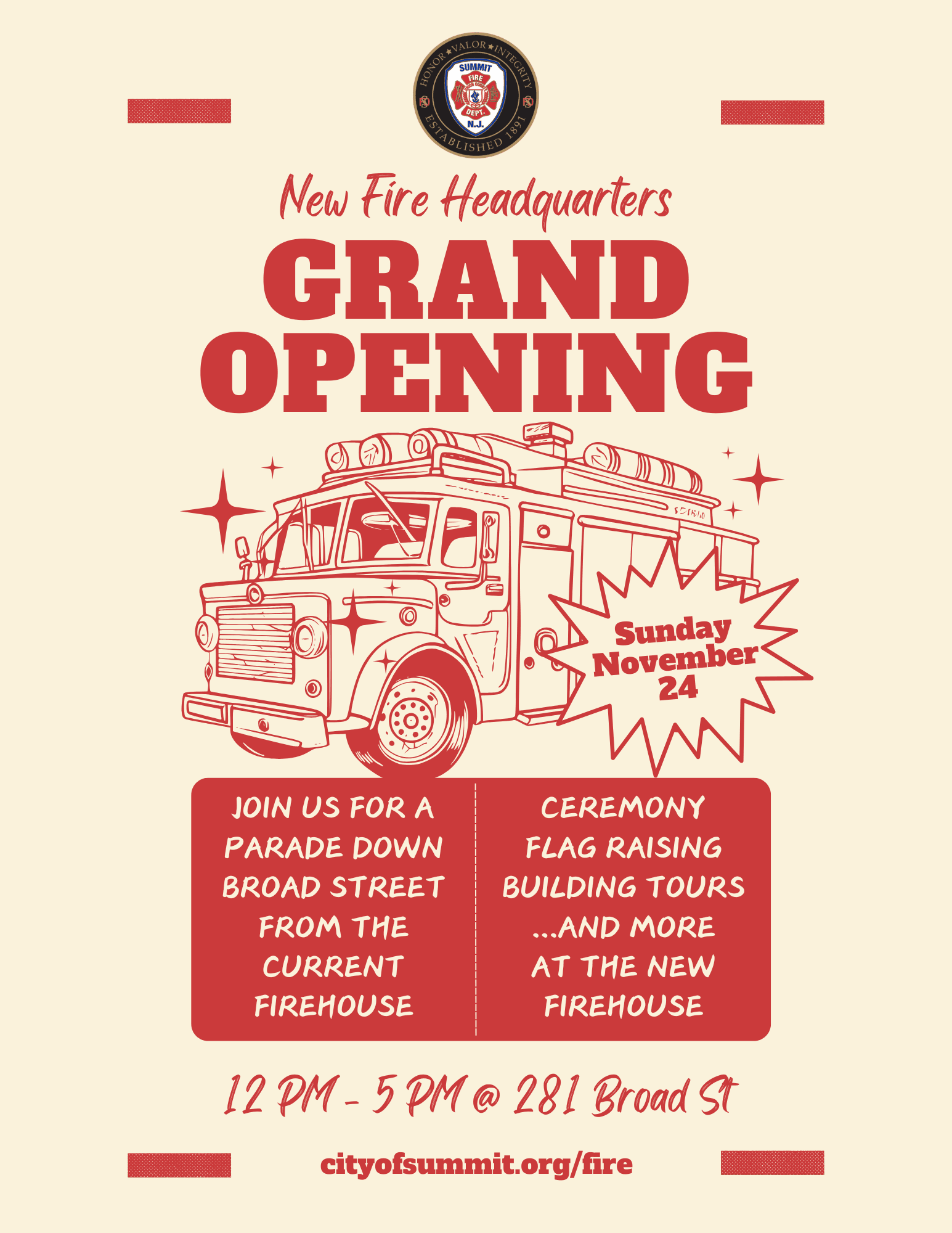 cream and red colored flyer with information on grand opening event for new firehouse