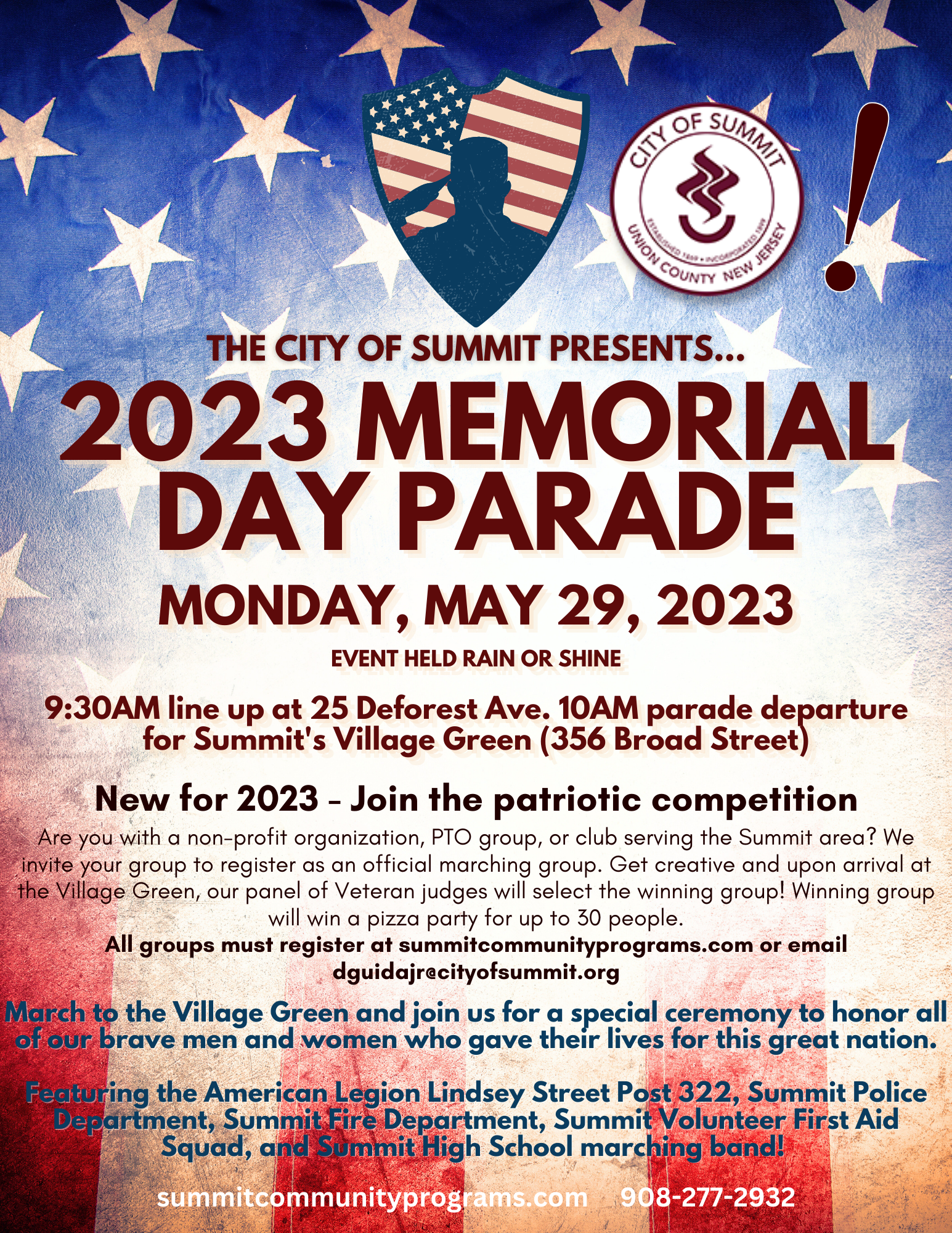 red white and blue flyer with information on memorial day parade