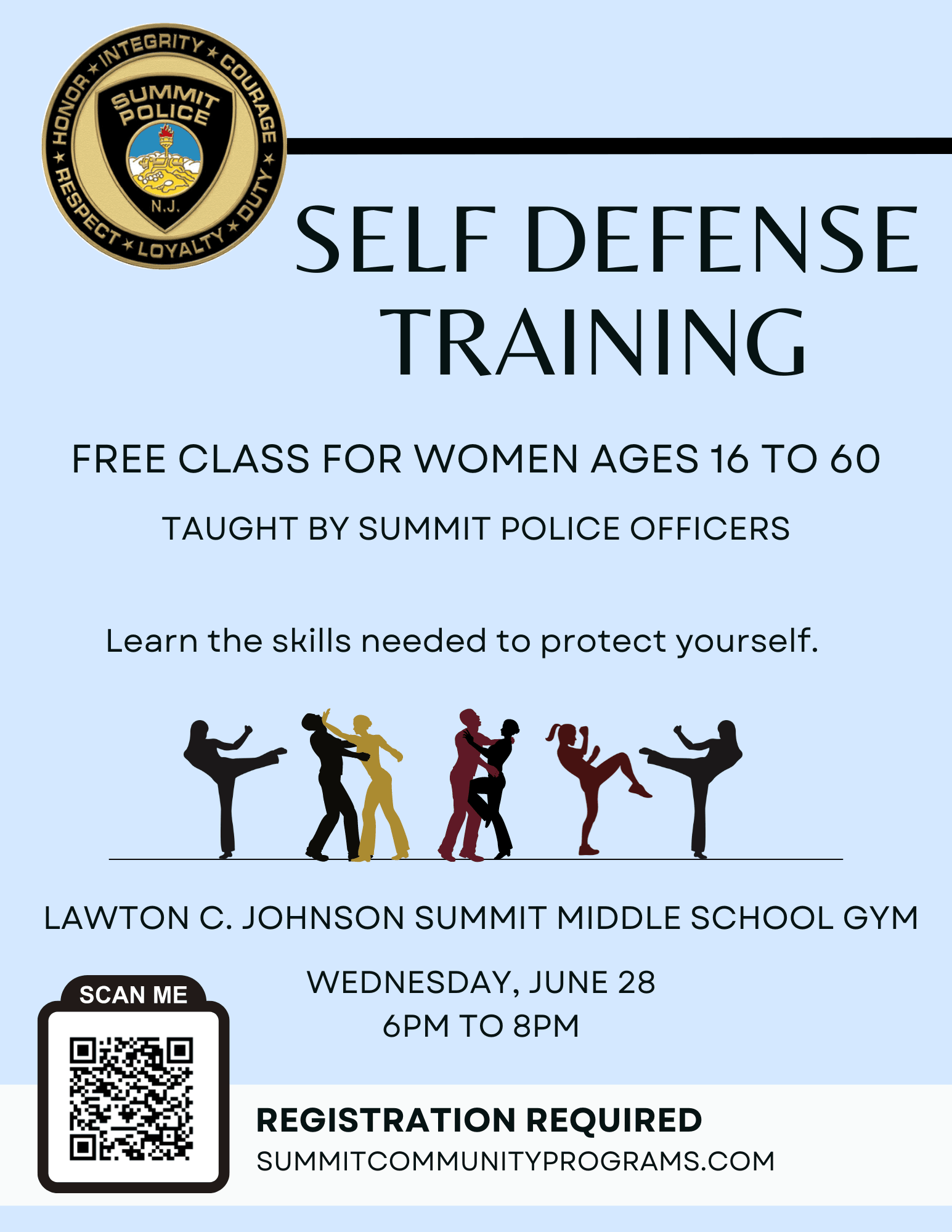 blue flyer with information on self defense class